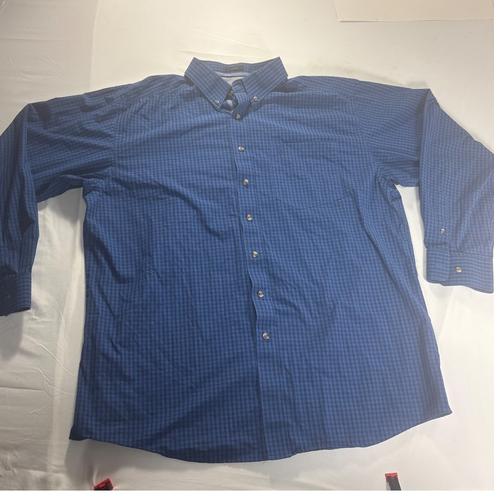 Ariat Pro Series Fitted Blue Check Plaid‎ Long Sleeve Button Down Shirt XXL